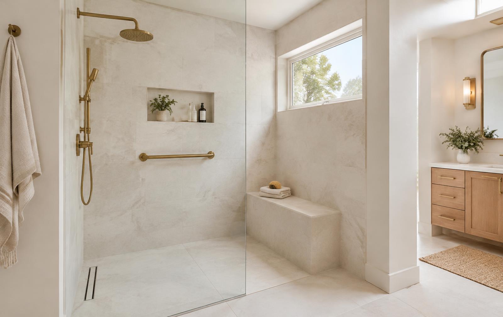 Walk-in shower with a low entry, glass panel, tiled bench, grab bar and brass rainfall shower head