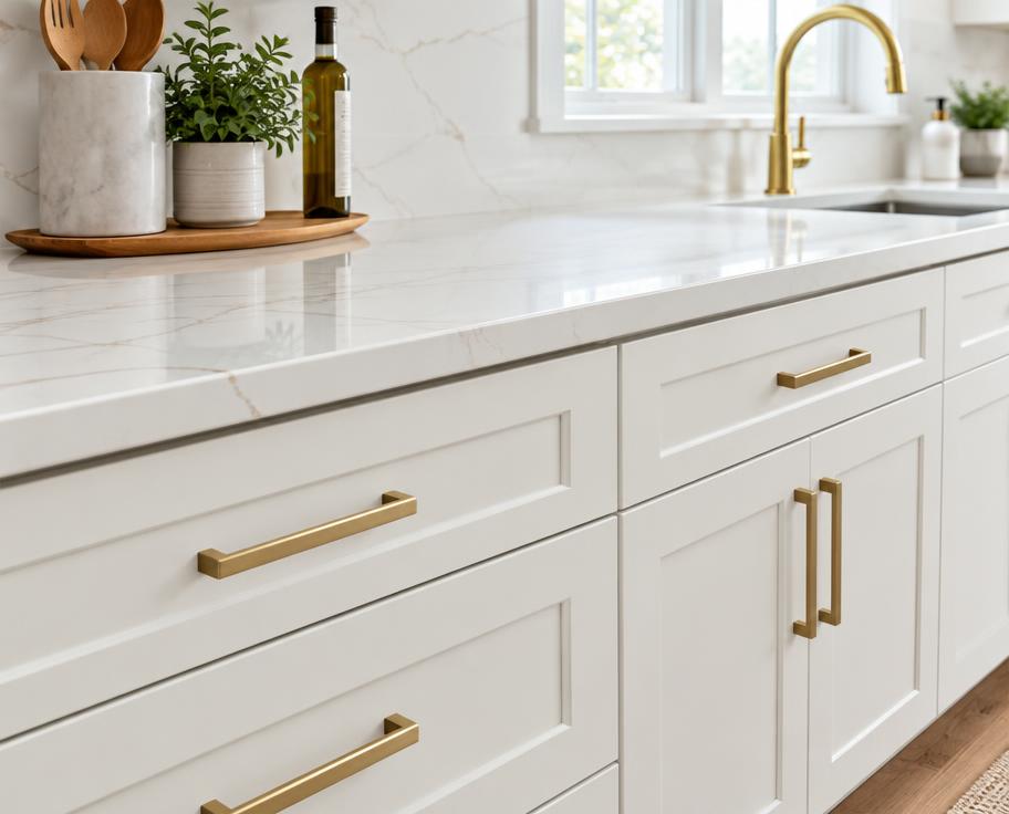 White shaker kitchen cabinets with brass pulls and a white quartz countertop