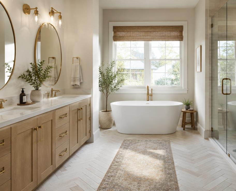Fully remodeled bathroom with double vanity, round mirrors and a freestanding tub