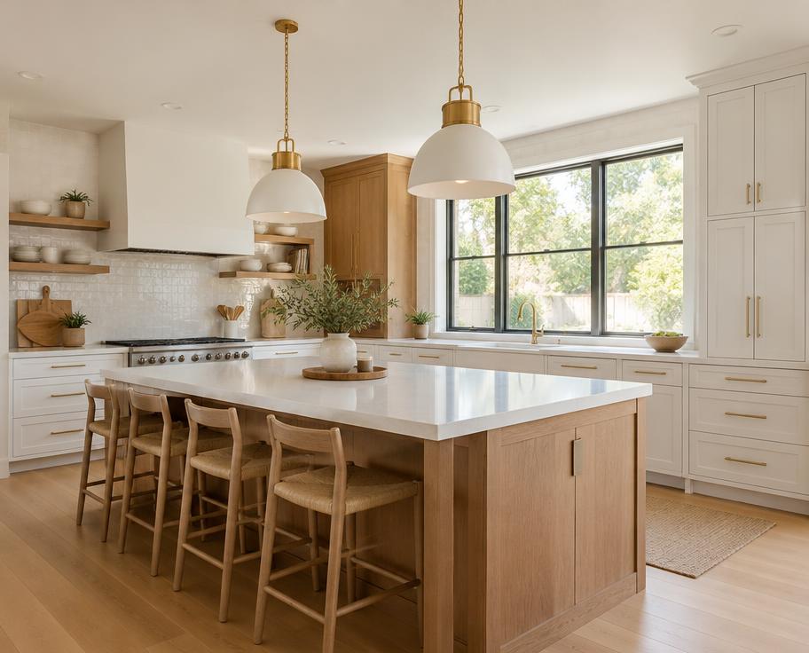 Bright open kitchen with a large wood island, white cabinets and pendant lights