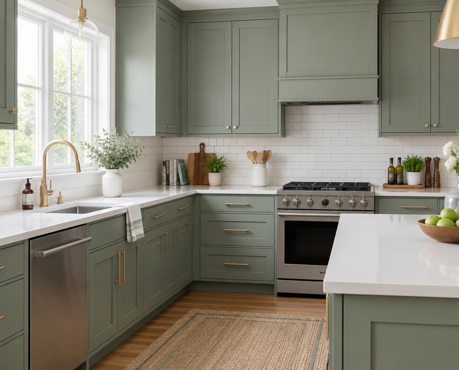 Kitchen with freshly painted sage green cabinets and a white subway tile backsplash