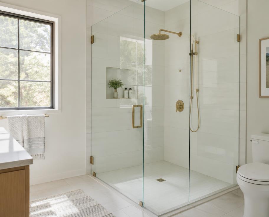 Glass-enclosed shower with white tile and brass fixtures where a bathtub used to be