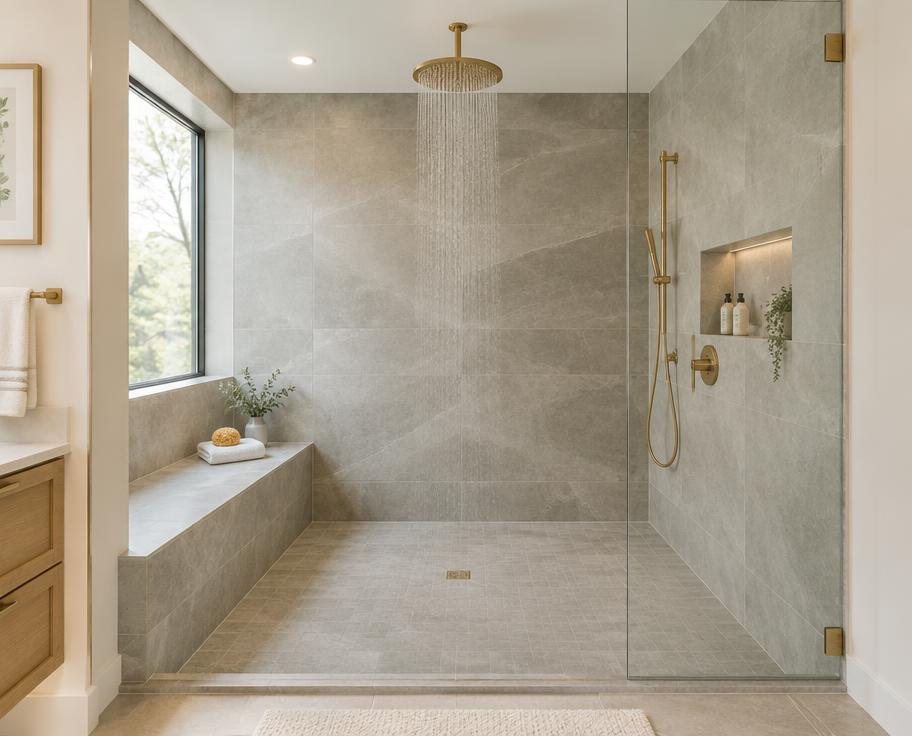 Large walk-in shower with a tiled bench, rainfall showerhead and frameless glass